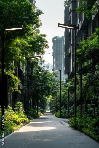 Lush greenery lines modern urban path, illuminated by sleek stre