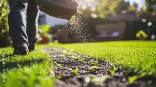 Homeowner Applying Grass Fertilizer with Manual Spreader in Lush Backyard Lawn