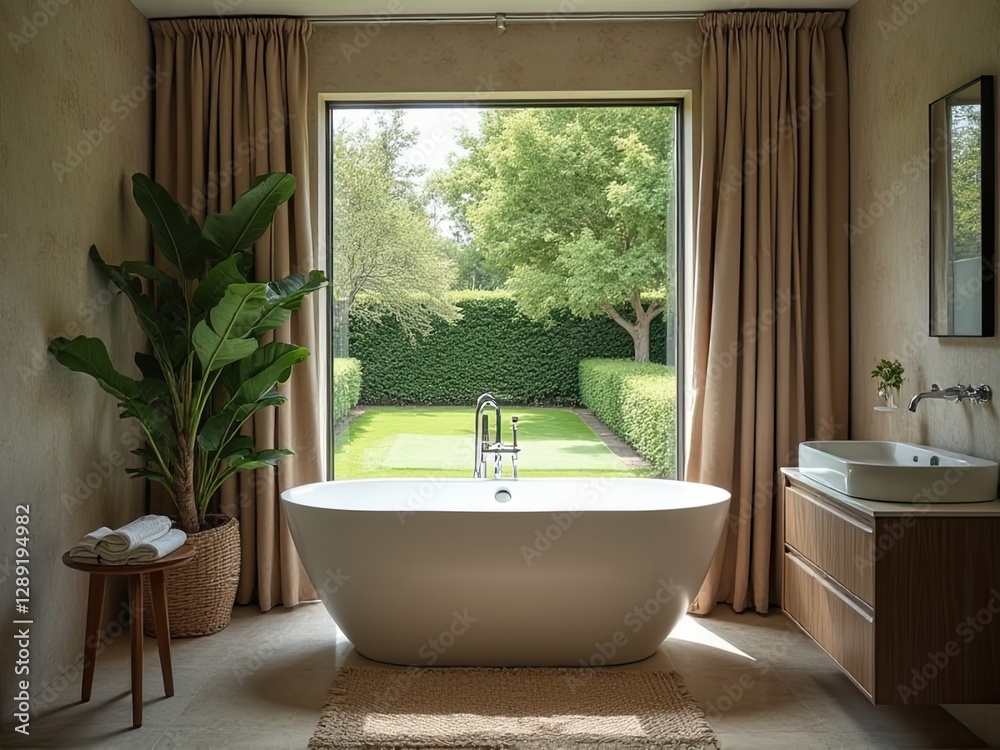 Fototapeta premium Bathroom Design: Contemporary Bathtubs, Showers, and Elegant Furniture for a Stylish Home or Hotel