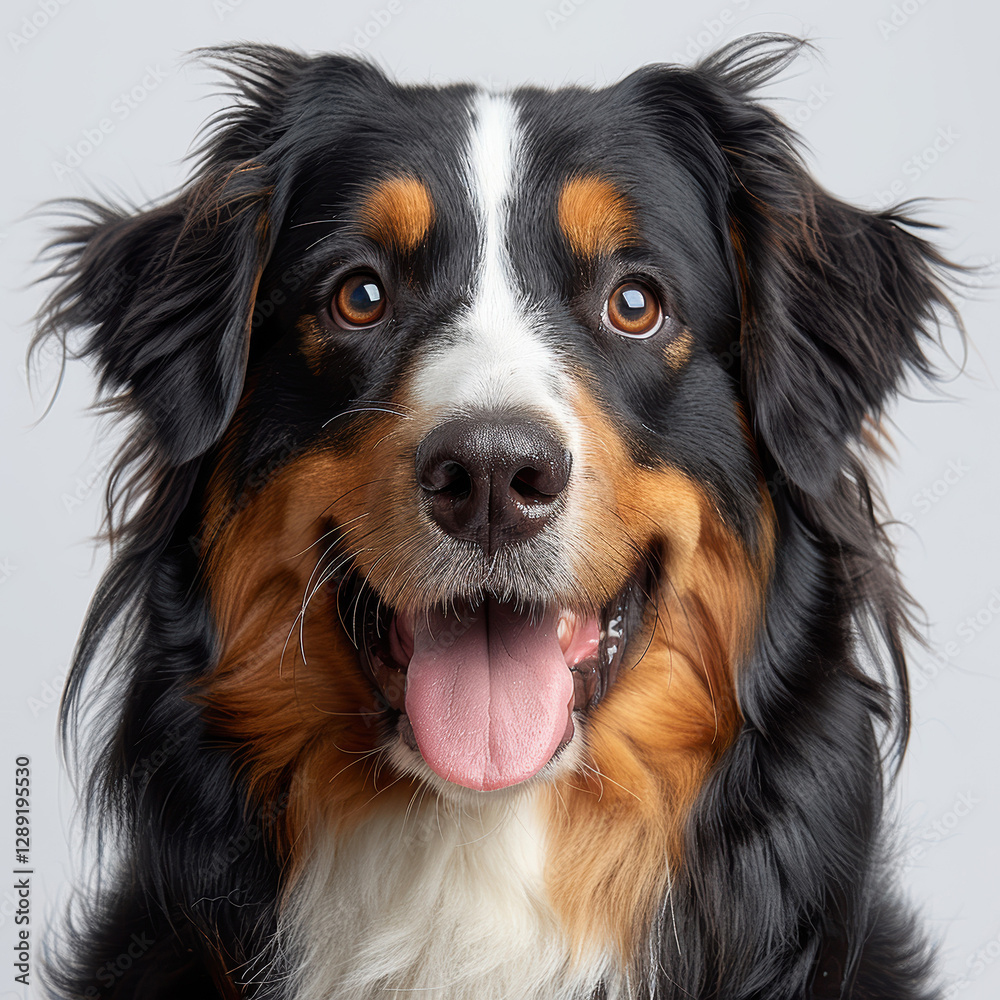 Close-up of friendly, attentive dog with a coat pattern of light brown, black, and white Fur is thick and wavy, possibly medium-length or long hair breed Background is plain and light - AI-Generated Close-up of friendly, attentive dog with a coat pattern of light brown, black, and white Fur is thick and wavy, possibly medium-length or long hair breed Background is plain and light - AI-Generated