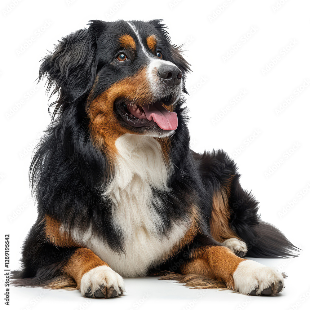 The image portrays a fluffy, playful Bernese Mountain Dog with distinctive tri-coloring black, rusty orange, white and droopy ears The photograph is a professional portrait on a plai - AI-Generated The image portrays a fluffy, playful Bernese Mountain Dog with distinctive tri-coloring black, rusty orange, white and droopy ears The photograph is a professional portrait on a plai - AI-Generated