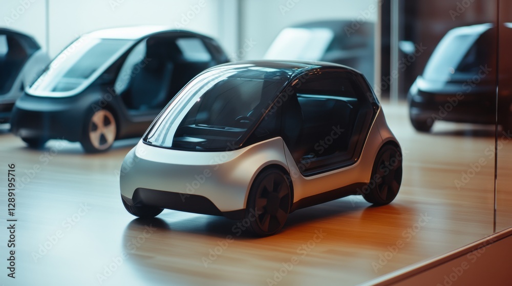 A car showroom showcasing compact electric vehicles. Featuring efficient design and zero-emissions A car showroom showcasing compact electric vehicles. Featuring efficient design and zero-emissions
