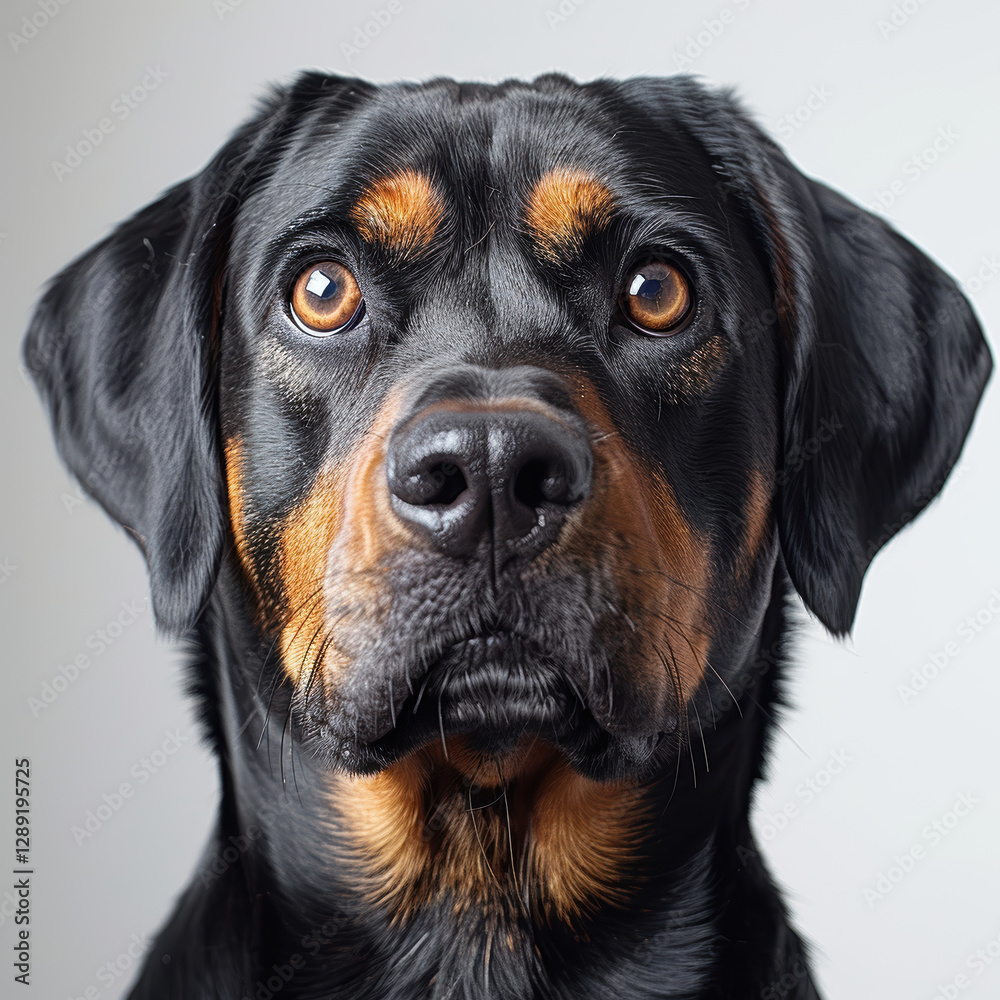 Obraz premium Close-up of a large breed dog with short fur, distinctive markings, deep brown coat, lighter areas around eyes and ears, attentive gaze, dark expressive eyes, moist nose, neutral backgr - AI-Generated