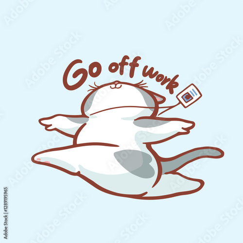 Joyful gray and white cartoon cat is leaping through the air with its limbs stretched out in a carefree manner. 
