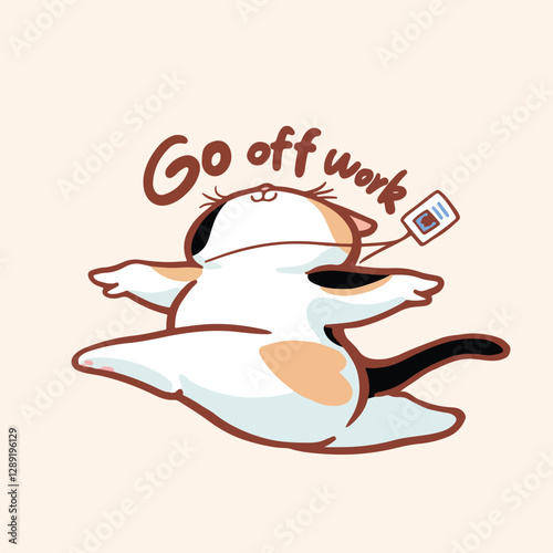 Joyful harlequin cartoon cat is leaping through the air with its limbs stretched out in a carefree manner. 
