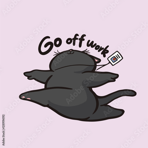 Joyful black cartoon cat is leaping through the air with its limbs stretched out in a carefree manner. 
