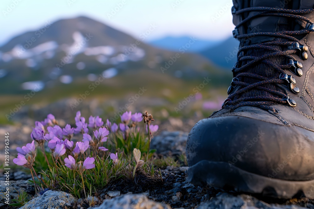 Hiking boot next to delicate purple mountain wildflowers blooming among rocks, with snow-capped peaks and alpine meadows in soft focus background. Hiking boot next to delicate purple mountain wildflowers blooming among rocks, with snow-capped peaks and alpine meadows in soft focus background.