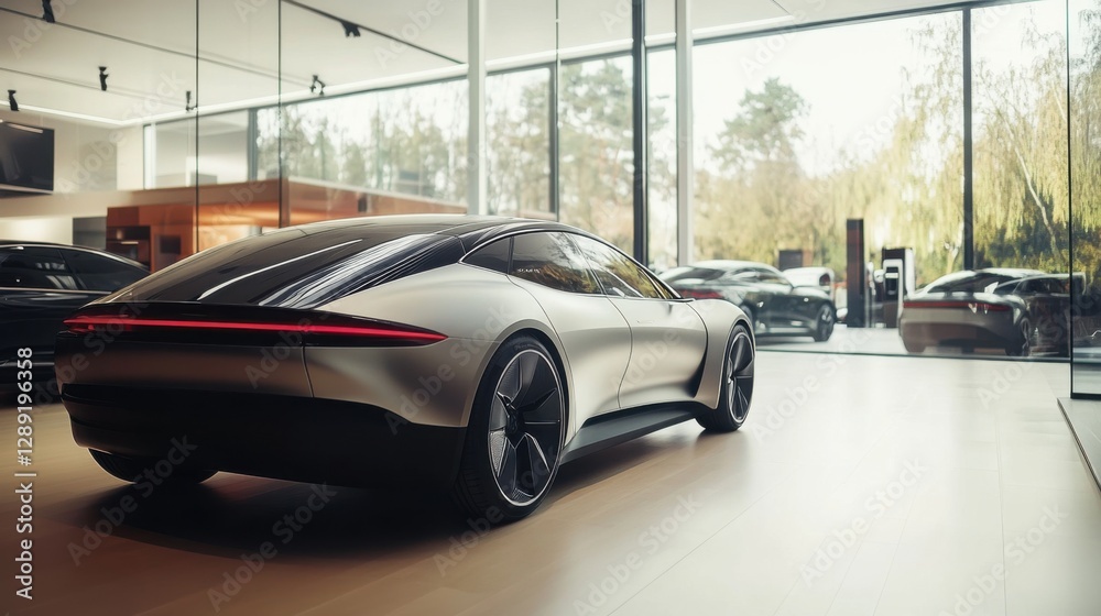 Obraz premium A car showroom showcasing eco-friendly cars. Featuring sustainability and modern design