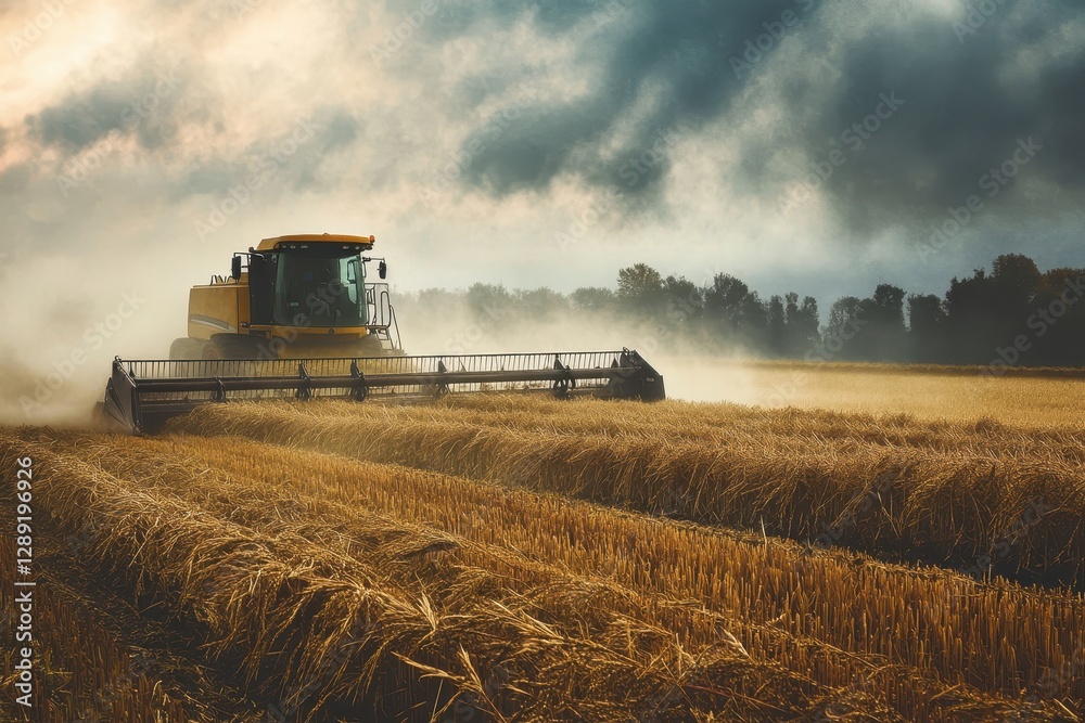Fototapeta premium Efficient Hemp Gathering: Modern Harvester in Action Across Vibrant Green Fields