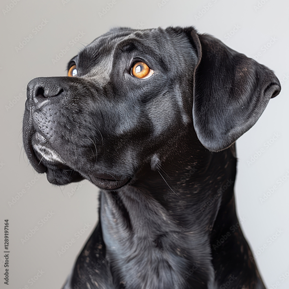 Close-up of an adult dog with a dark, glossy coat and lighter markings possibly a Labrador Retriever, droopy ears, expressive eyes, attentive expression, light source from left, shall - AI-Generated Close-up of an adult dog with a dark, glossy coat and lighter markings possibly a Labrador Retriever, droopy ears, expressive eyes, attentive expression, light source from left, shall - AI-Generated