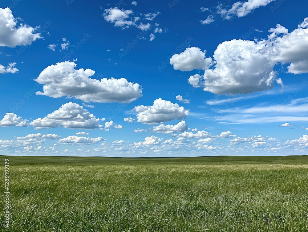 vast green prairie under a blue sky with fluffy white clouds vast green prairie under a blue sky with fluffy white clouds