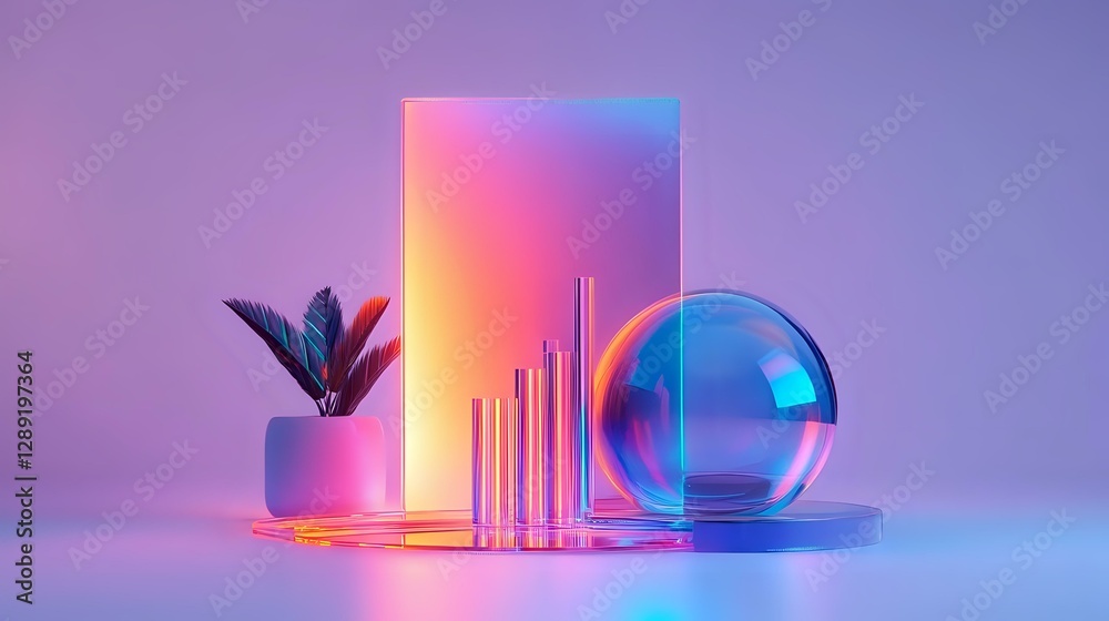 Futuristic composition with metallic cylinders, glass sphere and potted plant in neon pink and blue lighting creating modern minimalist aesthetic for design projects. Futuristic composition with metallic cylinders, glass sphere and potted plant in neon pink and blue lighting creating modern minimalist aesthetic for design projects.