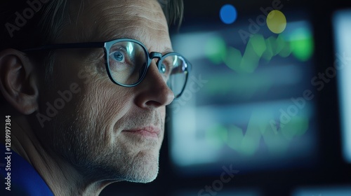 Man in glasses concentrated on computer screen, focus and productivity in the digital workplace