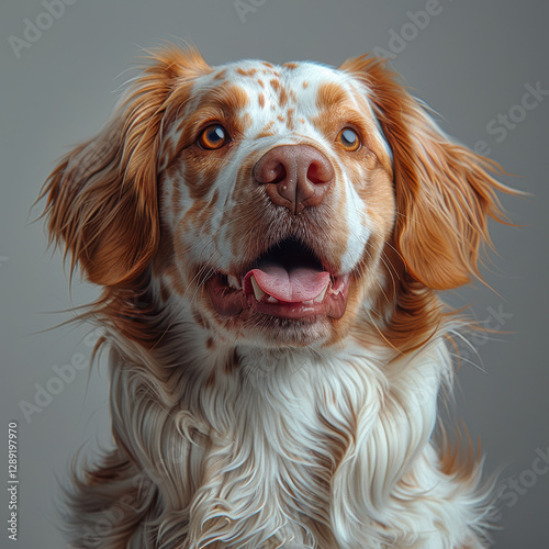 Image of a white and brown dog, likely an Irish Setter or similar breed, with its mouth slightly open The dogs tongue is pinkish and ears are long and droopy Its gaze is gentle and c - AI-Generated photo