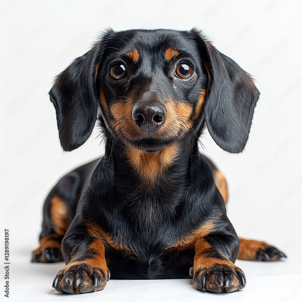 Close-up image of a dark dachshund puppy with lighter markings and expressive eyes, sitting on a plain light background - AI-Generated Close-up image of a dark dachshund puppy with lighter markings and expressive eyes, sitting on a plain light background - AI-Generated