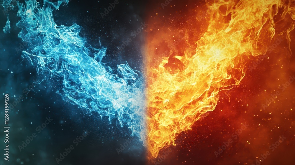 Fototapeta premium Dynamic Duel: Fiery Flame Background Featuring Iconic Lettering and Symbolic Competition Elements