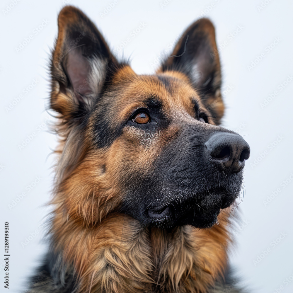 Close-up of a well-groomed German Shepherd, with thoughtful expression, under clear sky, outdoor setting - AI-Generated Close-up of a well-groomed German Shepherd, with thoughtful expression, under clear sky, outdoor setting - AI-Generated