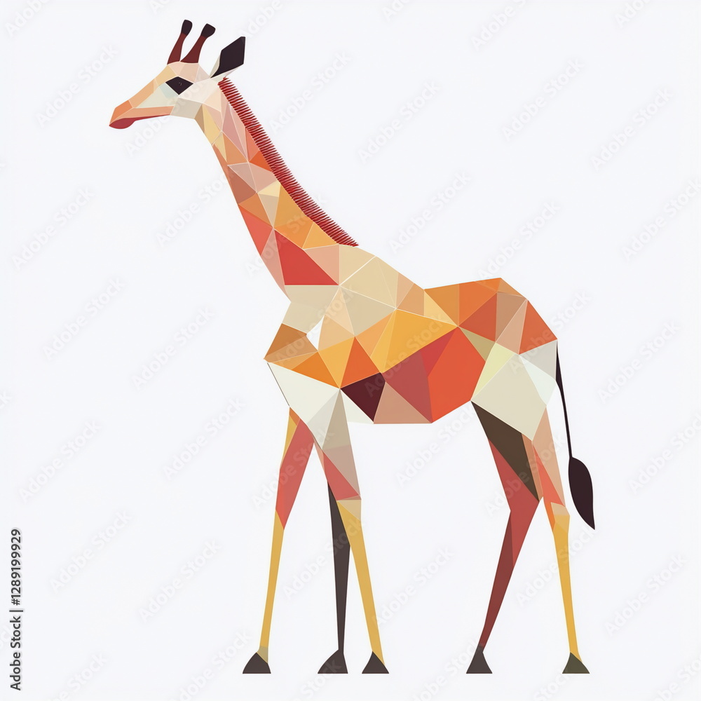 Obraz premium A modern giraffe polygon style animal illustration, using a series of interlocking shapes and subtle shading to convey the strength and elegance of the creature in an abstract form.