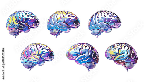 Iridescent chrome human brain, vector image, 3D brain from different angles, transparent background, brain illustration, chrome model, anatomy visualization