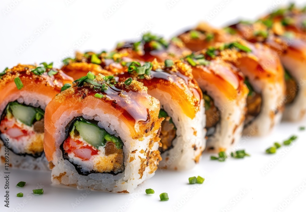 Delicious sushi rolls arranged beautifully with vibrant colors and fresh ingredients, showcasing the art of Japanese cuisine in an appealing presentation style Delicious sushi rolls arranged beautifully with vibrant colors and fresh ingredients, showcasing the art of Japanese cuisine in an appealing presentation style