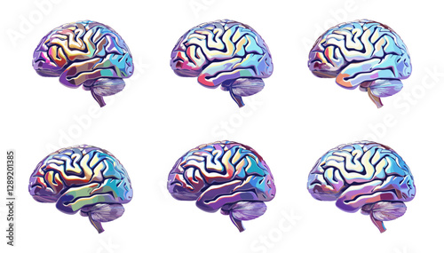 Human brain vector from different angles, iridescent chrome, isolated on transparent background, 3D brain model, anatomy illustration, chrome brain, 3D anatomy,