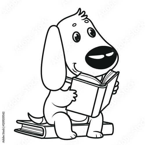 Cute cartoon little puppy in a collar sit and read a book on a white background