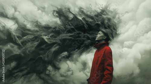 Surreal portrait of man in red jacket with swirling dark smoke effect