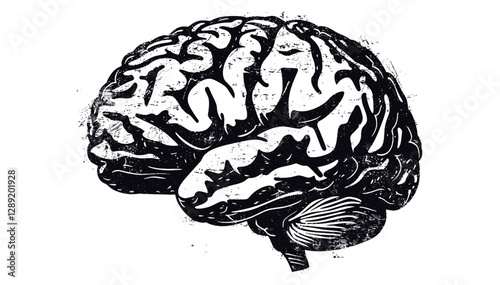 Human brain vector stencil stamp, retro illustration, distressed grunge texture, isolated, transparent background, vintage design, creative graphics, artistic brain symbol,