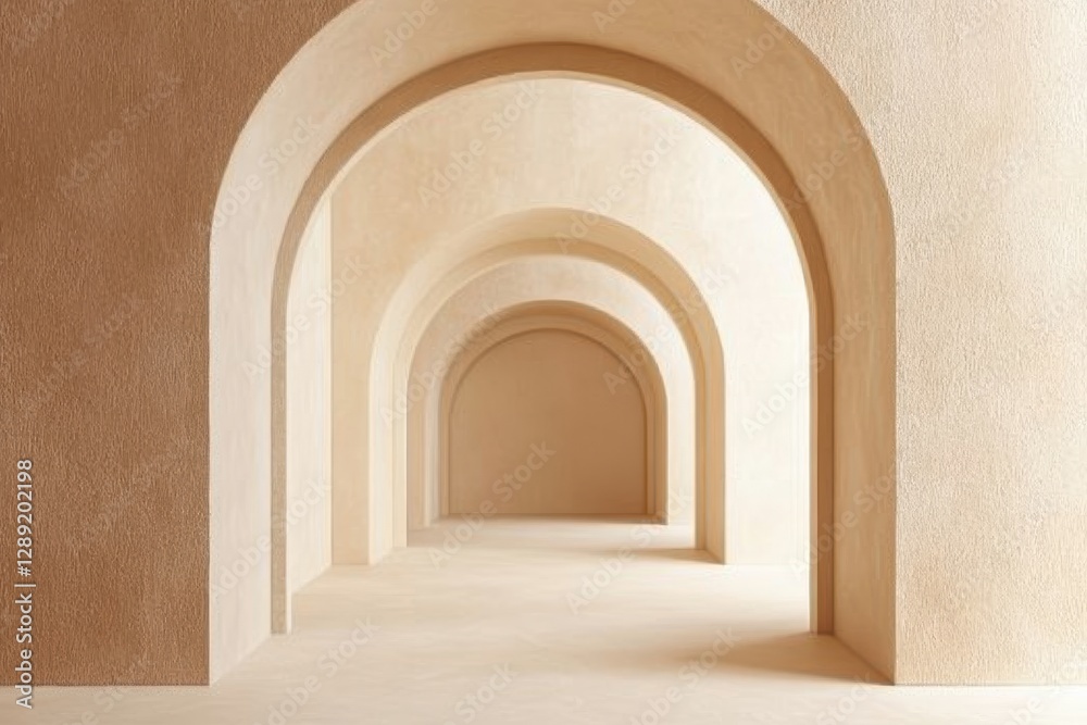 Oriental style arch, soft beige or light sand color, soft sunlight passes through the arch, creating a warm atmosphere suitable for photography. Minimalist beige arch. Background and showcase Oriental style arch, soft beige or light sand color, soft sunlight passes through the arch, creating a warm atmosphere suitable for photography. Minimalist beige arch. Background and showcase