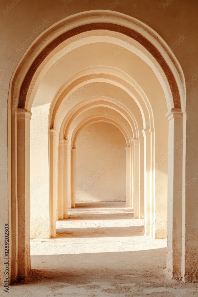Oriental style arch, soft beige or light sand color, soft sunlight passes through the arch, creating a warm atmosphere suitable for photography. Minimalist beige arch. Background and showcase Oriental style arch, soft beige or light sand color, soft sunlight passes through the arch, creating a warm atmosphere suitable for photography. Minimalist beige arch. Background and showcase