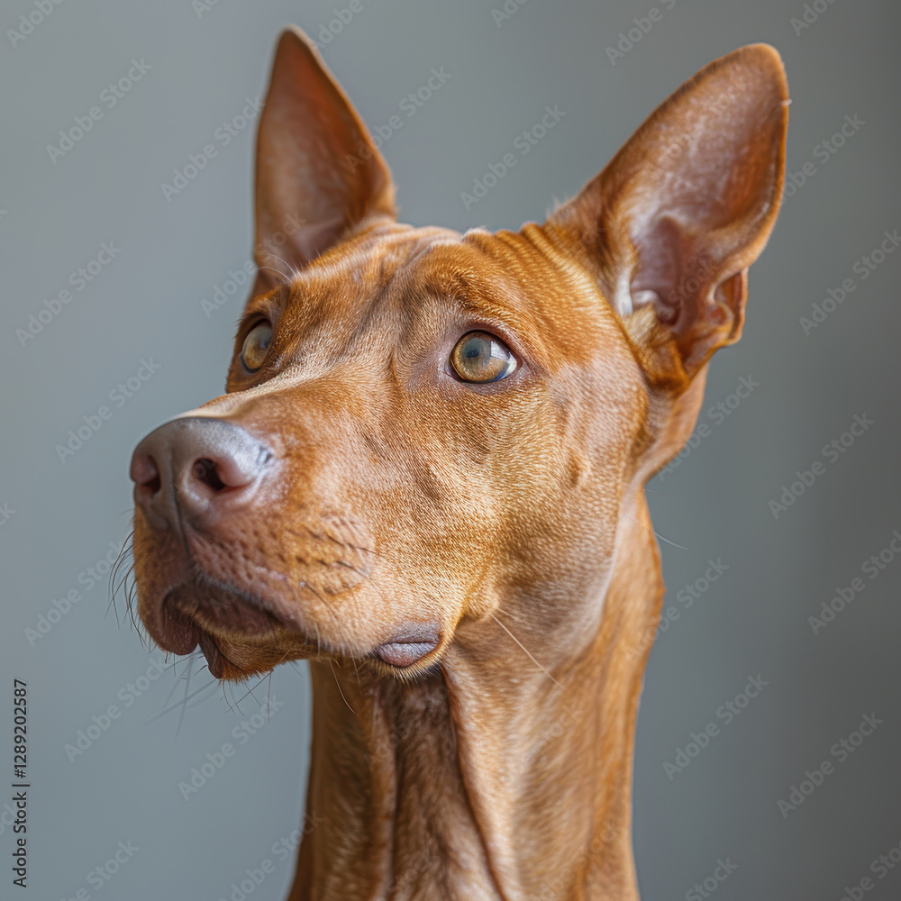 Close-up image of a sighthound dog with light brown fur, dark markings, expressive eyes, long ears, and athletic features Background is a solid light color - AI-Generated Close-up image of a sighthound dog with light brown fur, dark markings, expressive eyes, long ears, and athletic features Background is a solid light color - AI-Generated