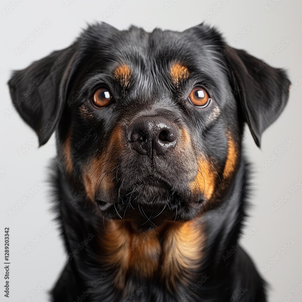 Fototapeta premium Close-up image of an expressive, attentive adult dog with dark fur and lighter markings around muzzle and neck The photo style suggests promotional use - AI-Generated