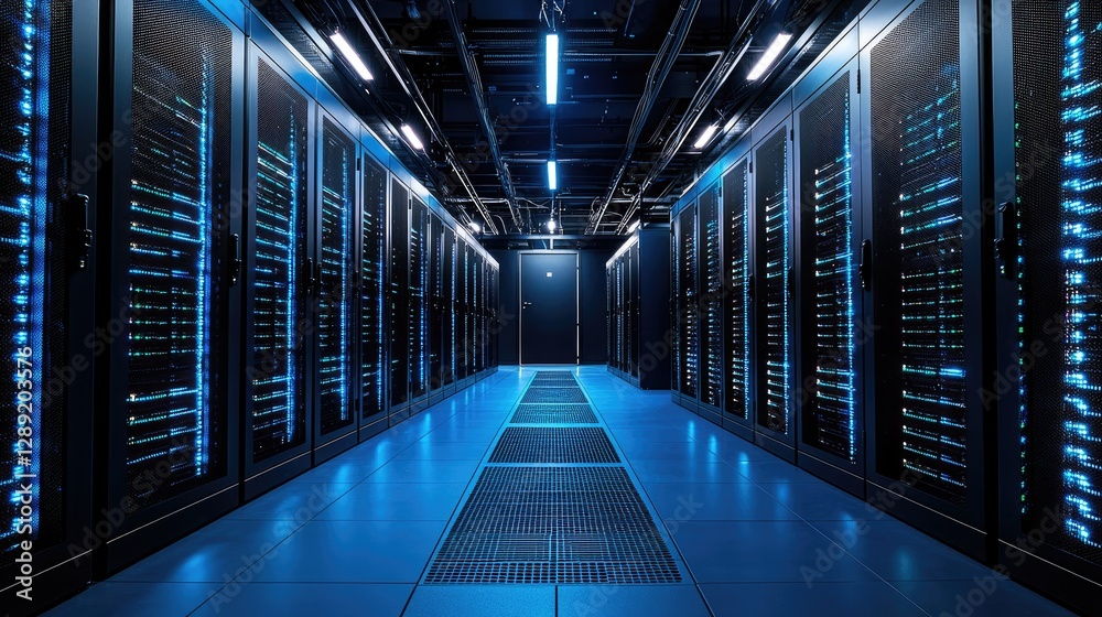 A futuristic data center with illuminated blue server racks and complex overhead cabling in a secure environment. Ideal for cloud computing, cybersecurity, and IT infrastructure themes