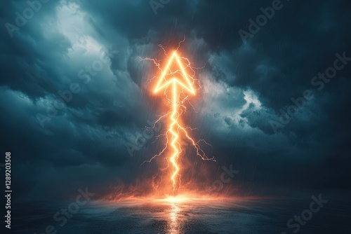 A striking lightning bolt forms an arrow shape against dark storm clouds.