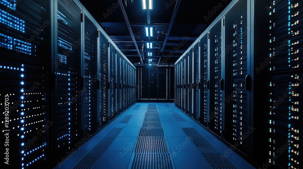 A futuristic data center with glowing blue server racks and structured overhead lighting in a secure environment. Ideal for cloud computing, cybersecurity, and IT infrastructure themes A futuristic data center with glowing blue server racks and structured overhead lighting in a secure environment. Ideal for cloud computing, cybersecurity, and IT infrastructure themes