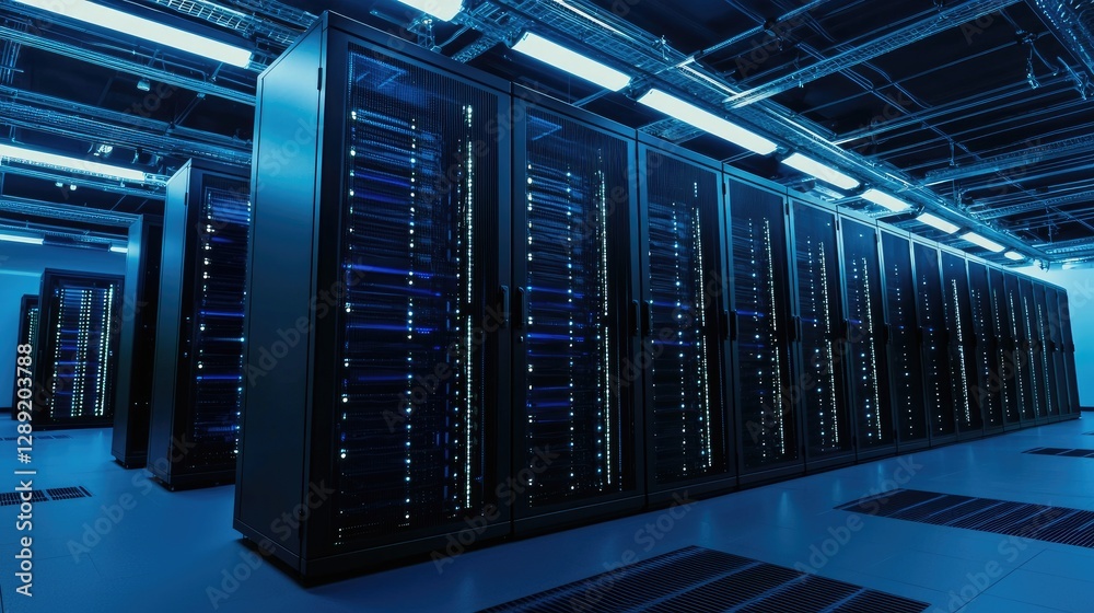 A high-tech data center with illuminated blue server racks and structured overhead cabling in a secure environment. Ideal for cloud computing, cybersecurity, and IT infrastructure themes