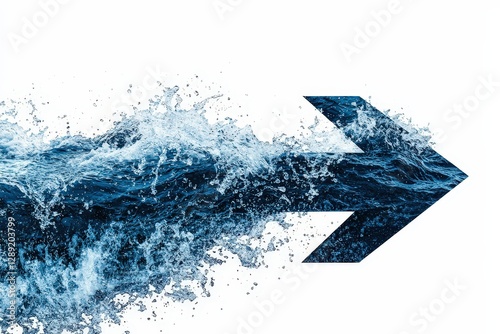 Dynamic water splash forming an arrow, symbolizing movement and direction.