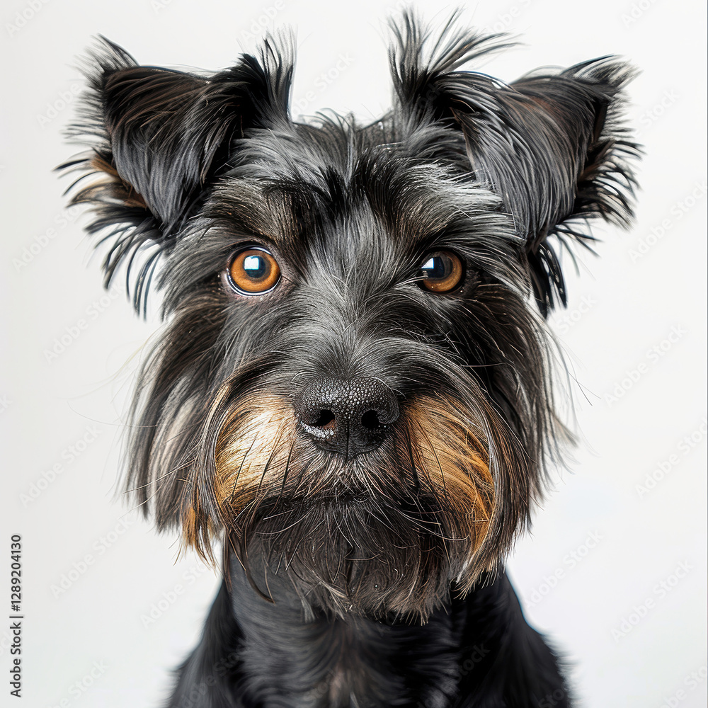 High-resolution close-up of an adult dog with a thick, long coat possibly Miniature Schnauzer or mix, erect and bushy ears, calm and attentive expression Neutral background - AI-Generated High-resolution close-up of an adult dog with a thick, long coat possibly Miniature Schnauzer or mix, erect and bushy ears, calm and attentive expression Neutral background - AI-Generated