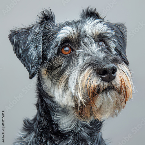 Close-up of a wet-coated dog, possibly a Poodle or water dog, with gentle expression and drooping ears Background is neutral gray - AI-Generated photo