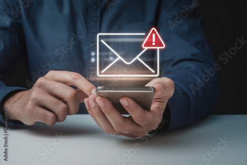 Obraz na płótnie SMS spam, fake text message phishing from scammer concept. System hacked red warning alert, email hack, scam malware spreading virus on message alert virtual on mobile phone screen in person hand. w salonie