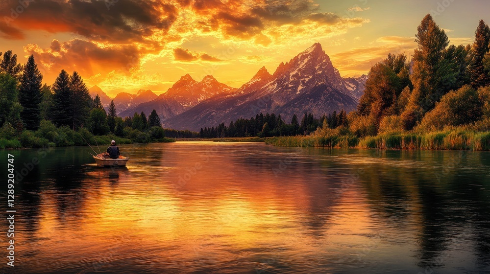 Fototapeta premium Fisherman Casting Lines on Snake River at Sunset in Grand Teton National Park, Wyoming