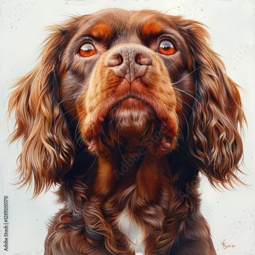 Digital artwork of an English Cocker Spaniel with a brown coat and darker patches, showing an attentive expression The signature JW is present in the lower right corner - AI-Generated