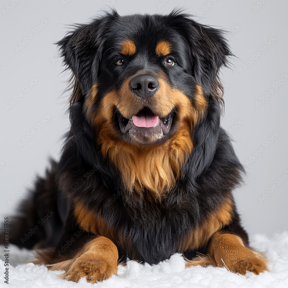 A well-groomed, friendly St Bernard dog sits upright The large dog with a dark coat has lighter markings on chest and legs, possibly light brown or cream colored Its face shows a gent - AI-Generated A well-groomed, friendly St Bernard dog sits upright The large dog with a dark coat has lighter markings on chest and legs, possibly light brown or cream colored Its face shows a gent - AI-Generated
