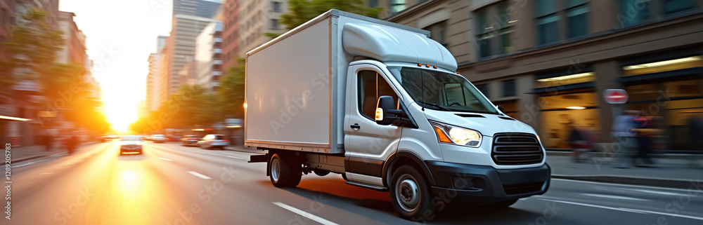 White delivery van drives at high speed through city. Fast logistic cargo truck, commercial vehicle, blank mockup. Express courier service concept. Urban cityscape blurred motion at sunset. White delivery van drives at high speed through city. Fast logistic cargo truck, commercial vehicle, blank mockup. Express courier service concept. Urban cityscape blurred motion at sunset.