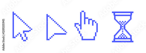 pixel mouse click cursor. Load symbol.pixel Pointer cursor and loading icon. old Cursors icons click set. Clicking cursor, pointing hand clicks icons.
