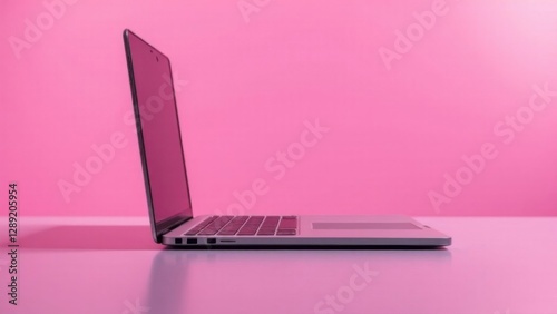 A pink laptop close-up stands sideways on a table on a pink background
