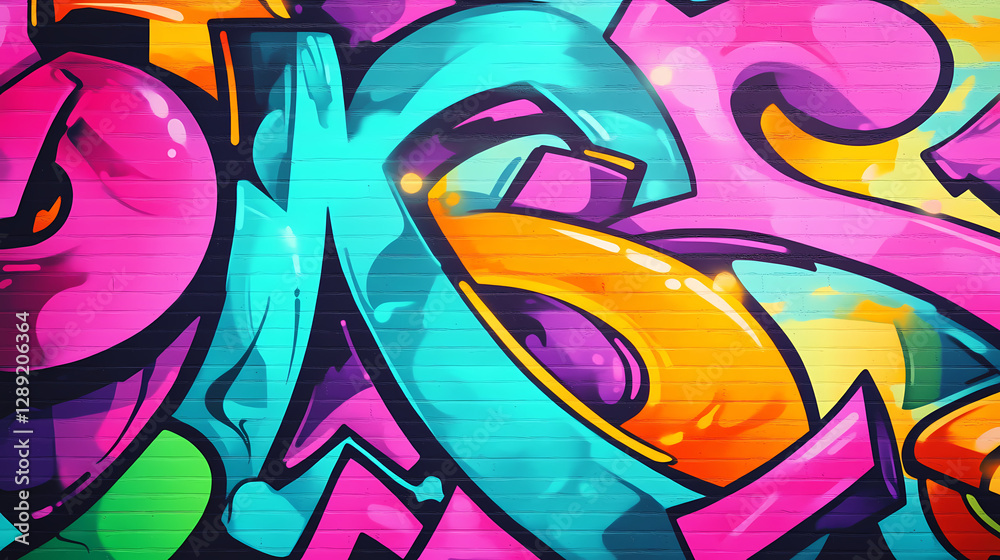 Naklejka premium Bright graffiti wall textured background wallpaper design. vivid neon color palette. urban street art print. Vibrant Street Graffiti Wall. Illustration