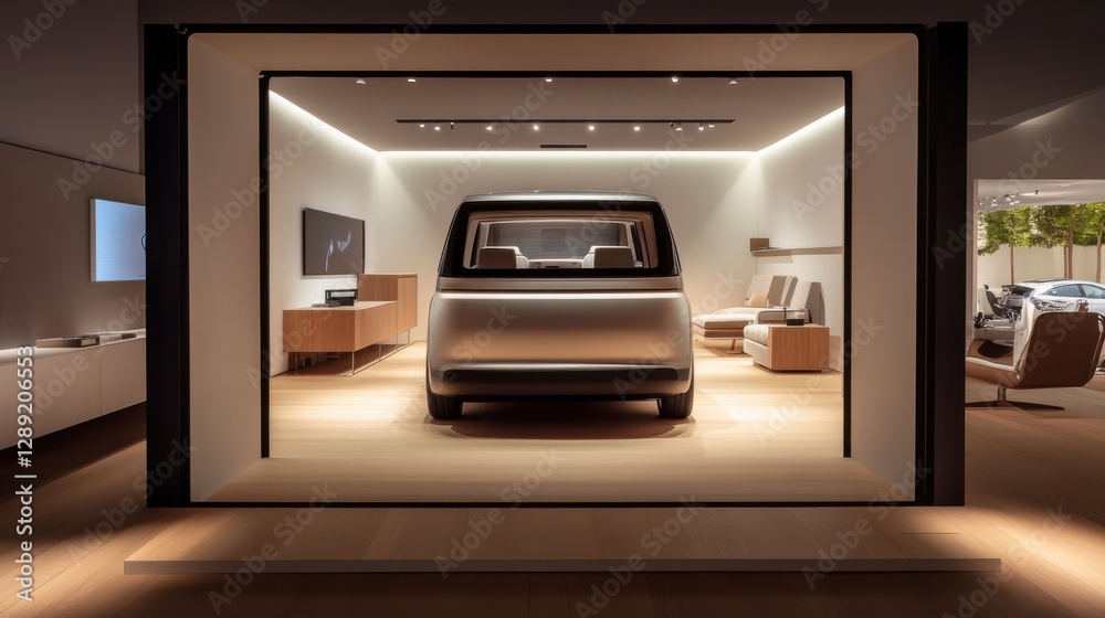Fototapeta premium A car showroom showcasing electric luxury minivans. Featuring spaciousness and sustainability
