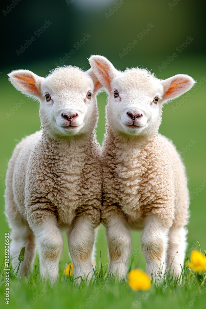 Obraz premium Two adorable lambs standing close together in a vibrant green meadow during sunny springtime