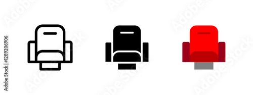 Armchair seat icon. Comfortable seating symbol. Cinema and theater vector illustration. Premium lounge and auditorium pictogram. Relaxation and entertainment venue concept.